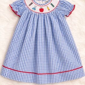 Lil Cactus Smocked School Dress Blue Gingham Apple Crayon Girls Size 2T